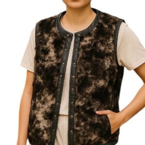 REBA NWT Faux Fur Vest Madrid Brown Faux Leather Zip Up Studded Brass Mobwife L